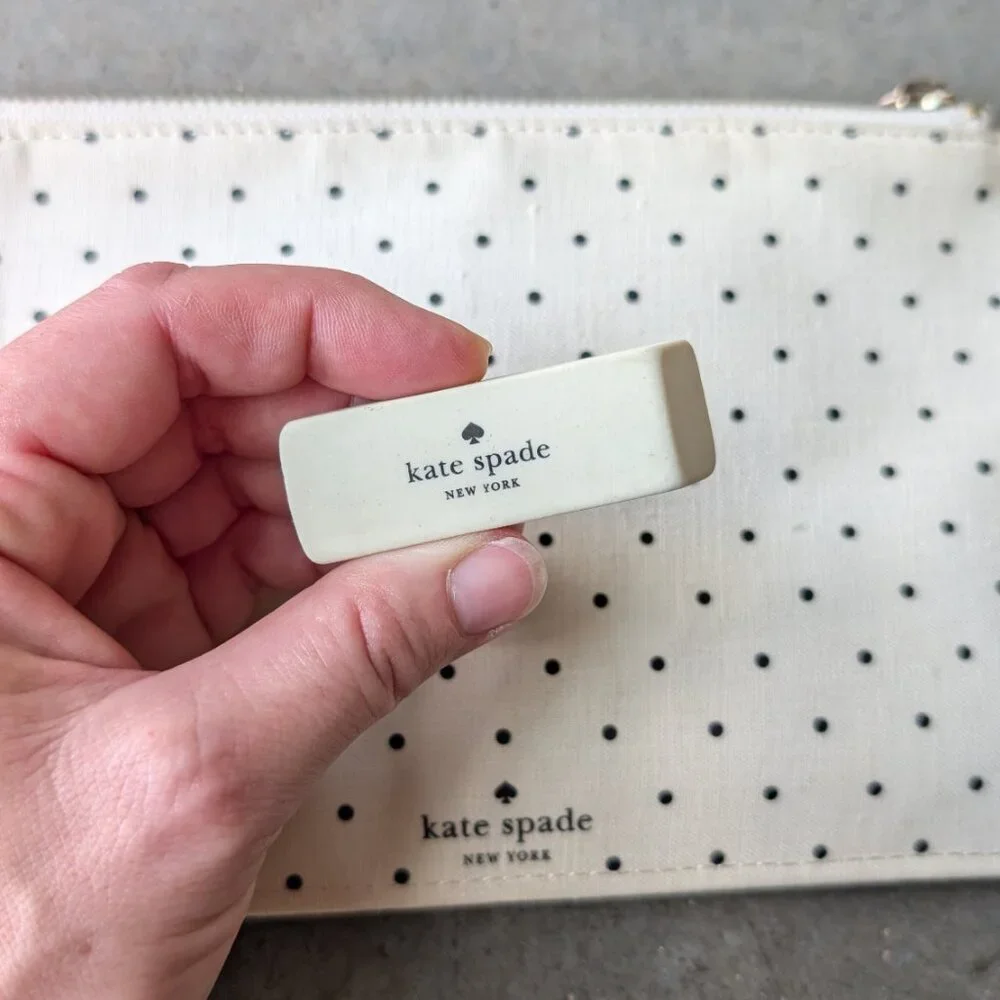 Kate Spade New York Ivory Black Polka Dots Zippered Leatherette Pencil Pouch